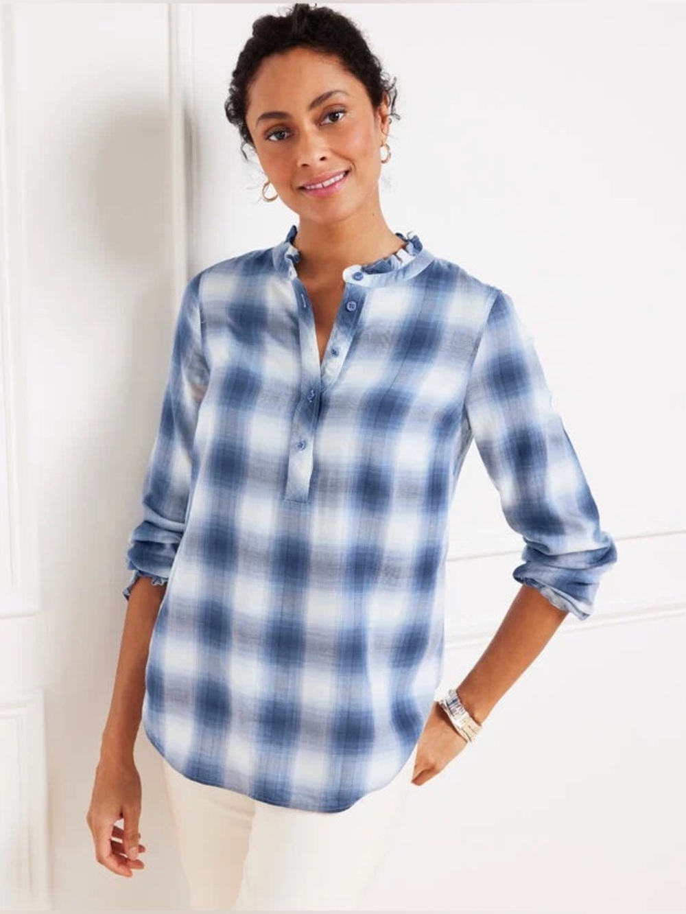 Talbots Ruffle Trim Popover Long Sleeve Top in Sunrise Plaid NWT XS